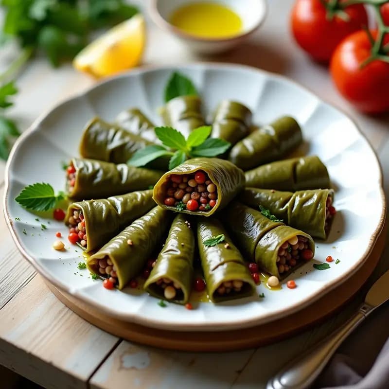 Plato blanco rústico con dolmades de hoja de vid rellenos de lentejas y tomates secos, decorados con perejil fresco y rodajas de limón, servidos como entrante griego vegano.