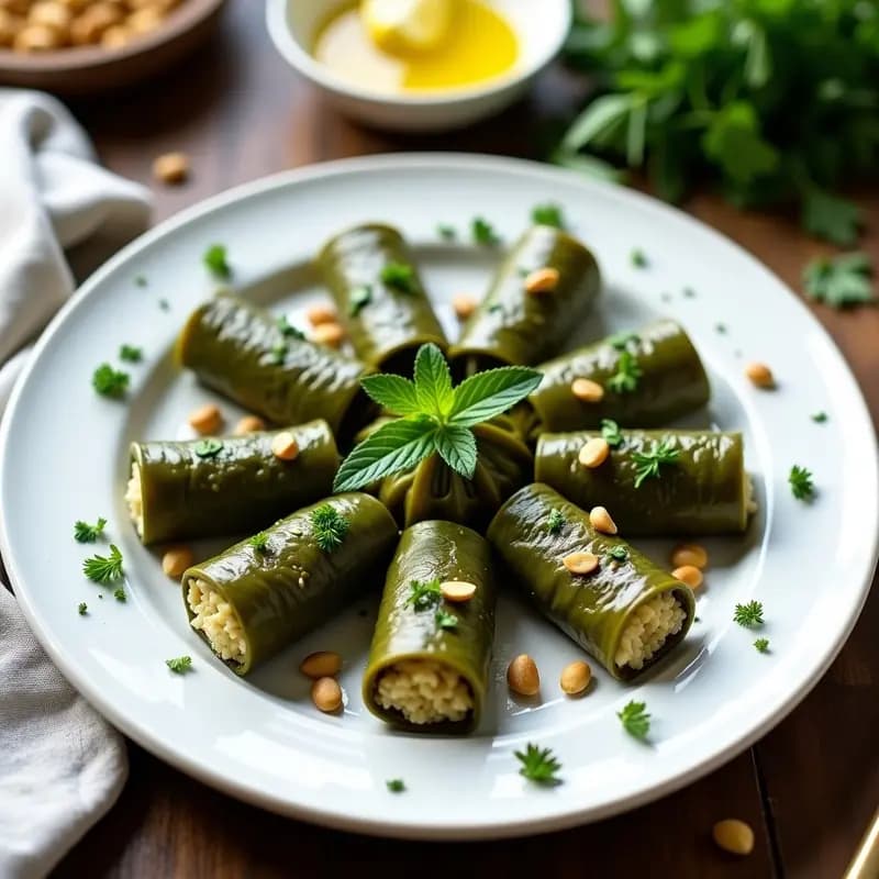 Plato blanco con dolmades de hojas de parra rellenos de arroz de coliflor, decorados con piñones y hierbas frescas. Receta griega keto y sin gluten.