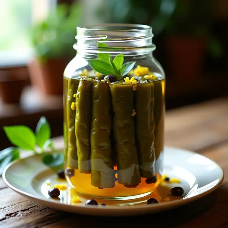 Frasco de vidrio transparente lleno de dolmades griegos en conserva casera, con hojas de parra verdes enrolladas y rellenas de arroz y hierbas, bañadas en líquido dorado con especias visibles, sobre fondo rústico de madera.