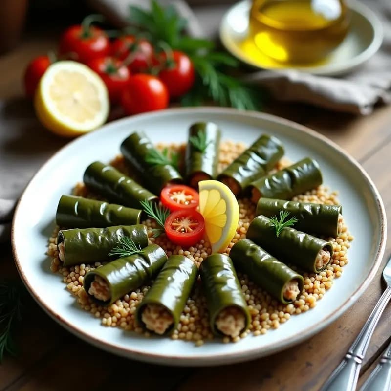 Plato blanco con dolmades griegos veganos y sin gluten, enrollados en hojas de parra con relleno de arroz integral, decorados con rodajas de limón y eneldo fresco.