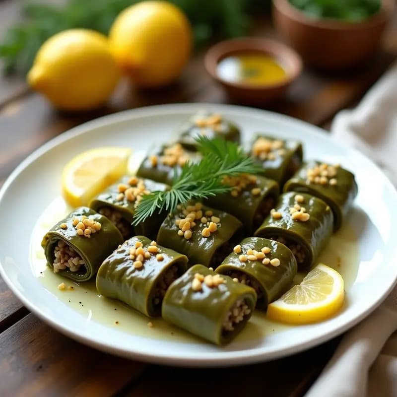 Plato blanco rústico con dolmades de hojas de parra rellenos de arroz y limón, decorados con rodajas de limón y hierbas frescas como eneldo y menta. Receta tradicional griega vegana.