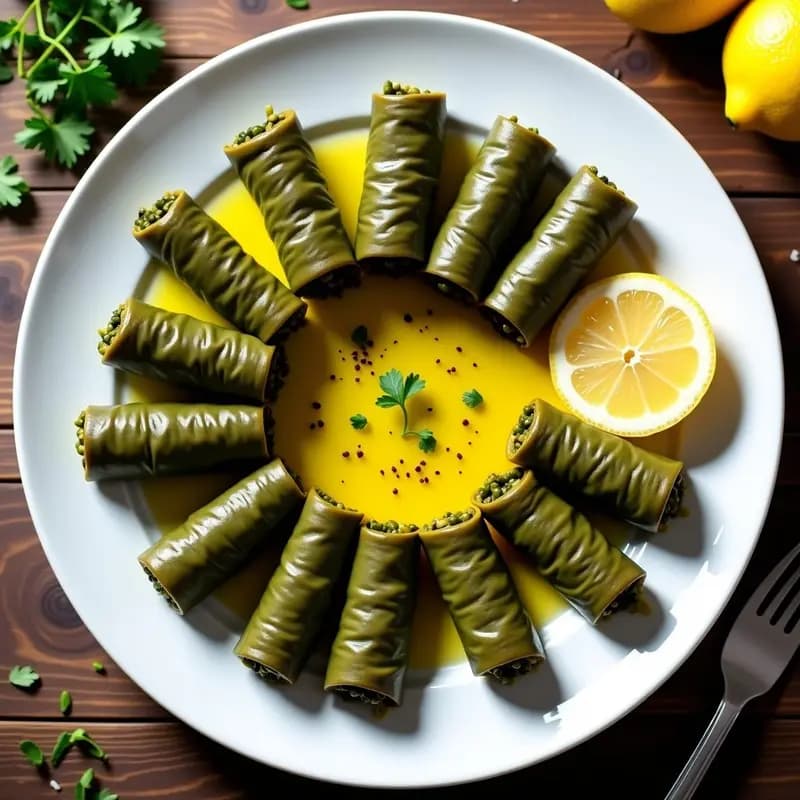 Plato blanco con dolmades de hojas de parra rellenos de arroz y piñones, dispuestos en círculo y decorados con perejil fresco y rodajas de limón, receta griega tradicional.