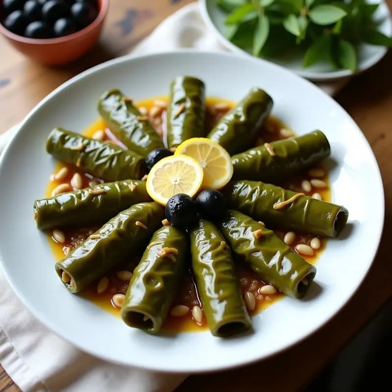 Plato blanco con dolmades griegos de hojas de parra rellenos de arroz salvaje y piñones, servidos con rodajas de limón y aceitunas. Receta vegana y sin lactosa en Thermomix.