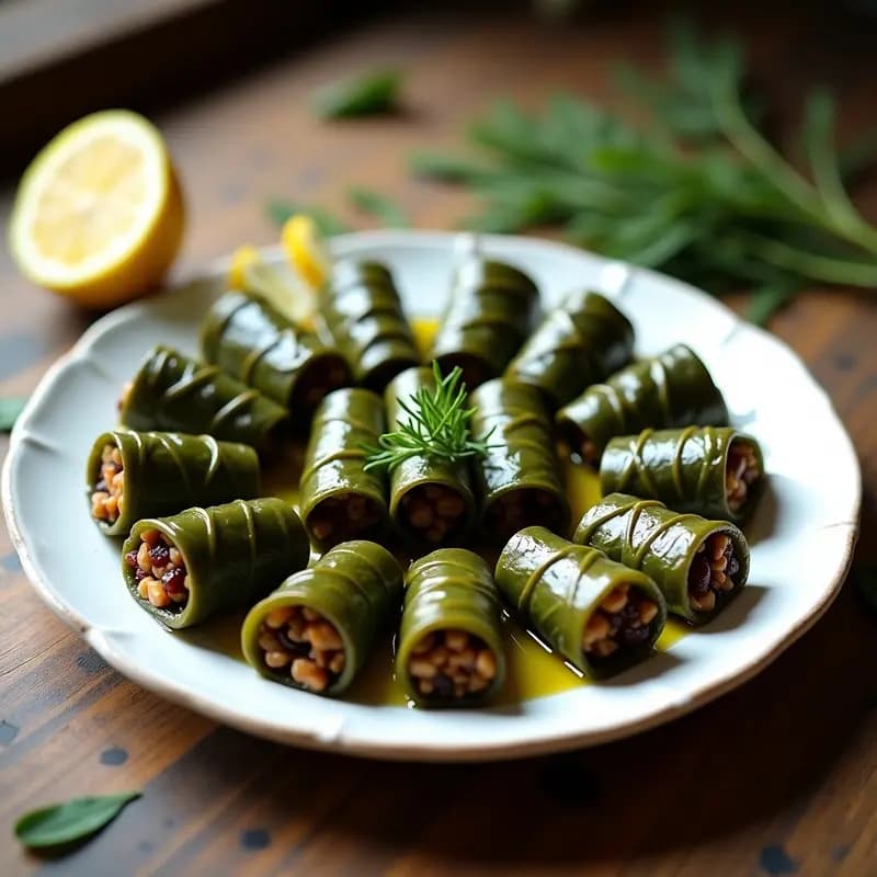 Plato blanco con dolmades griegos de hojas de parra rellenos de arroz silvestre y pasas, dispuestos en círculo. Decorados con hinojo silvestre fresco y rodajas de limón, sobre fondo rústico de madera.