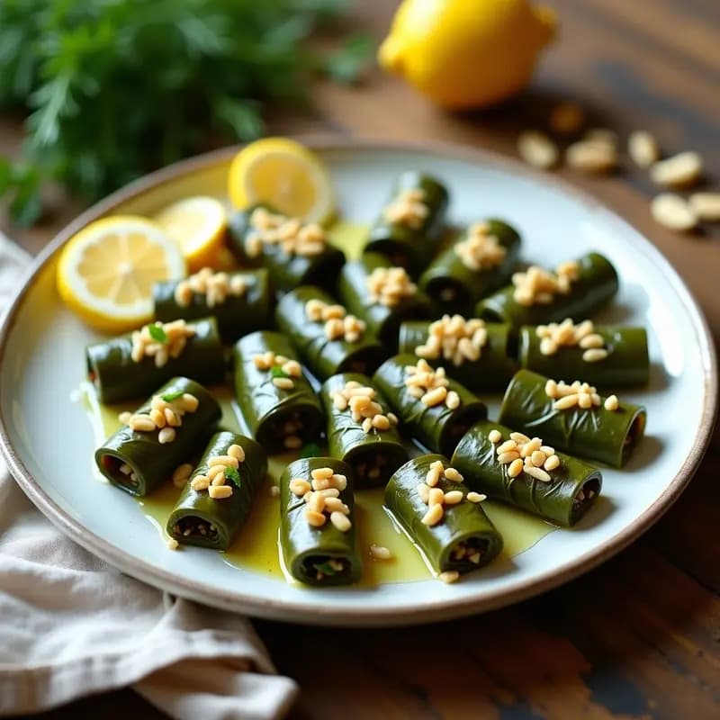 Plato blanco con dolmades de hojas de parra veganos, rellenos de arroz basmati y hierbas frescas, decorados con rodajas de limón y un chorrito de aceite de oliva. Fondos borrosos con ingredientes como eneldo y menta.