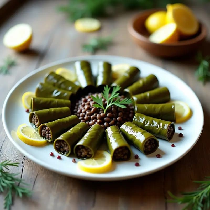 Plato de cerámica blanca con dolmades de hojas de parra rellenos de lentejas y limón, decorados con rodajas de limón y hojas de menta fresca. Receta griega vegana y fresca.