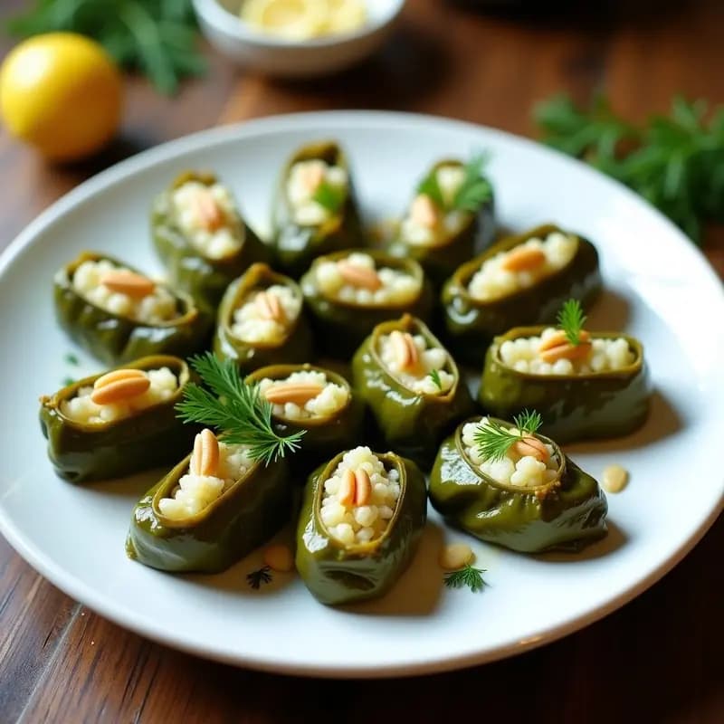 Plato blanco con dolmades de hojas de parra rellenos de quinoa, piñones y eneldo, decorados con limón confitado y ramitas de eneldo fresco, receta griega en Thermomix.