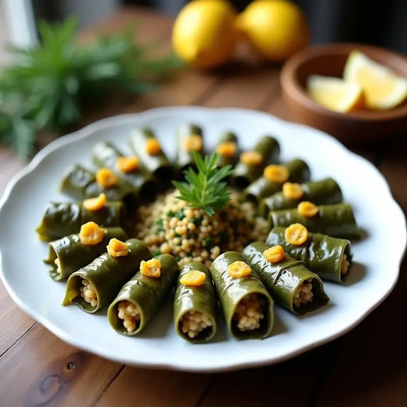 Plato blanco con dolmades de hojas de vid rellenos de quinoa y pasas, dispuestos en círculo y decorados con eneldo fresco y rodajas de limón. Receta griega vegana y sin arroz.