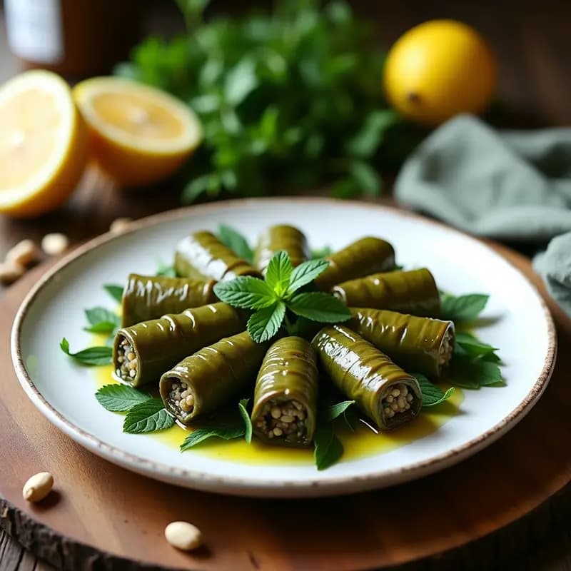 Plato blanco con dolmades de hojas de vid rellenas de arroz y hierbas, servidos en círculo y decorados con rodajas de limón y aceite de oliva, receta griega sin gluten.