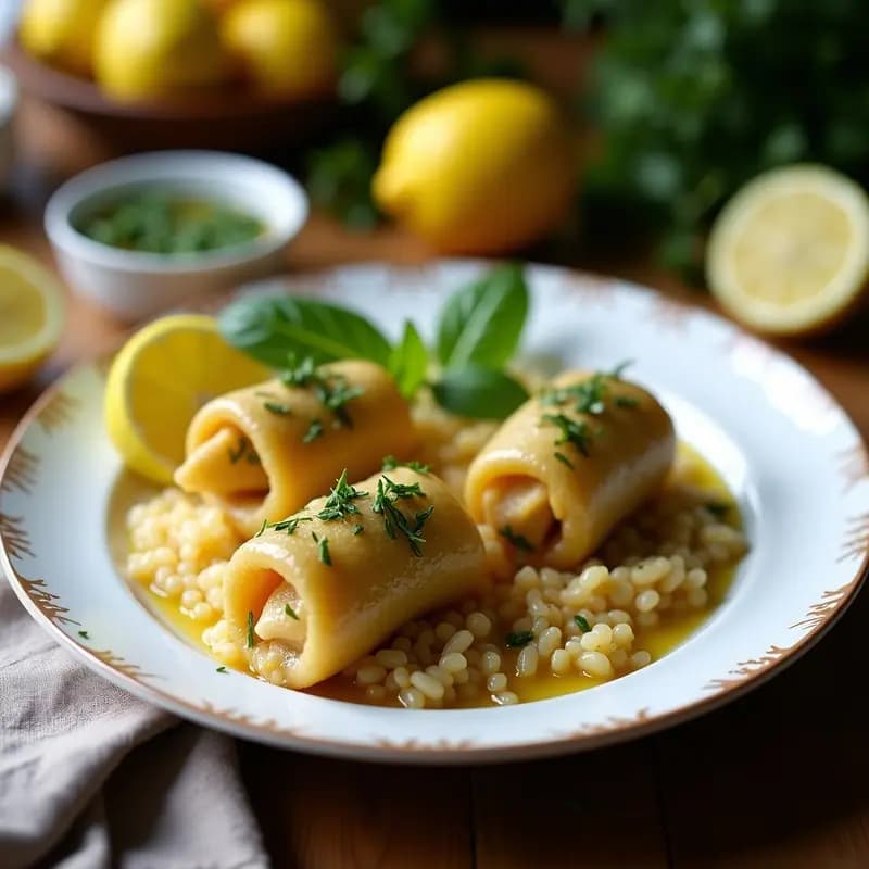 Plato blanco con dolmades de Hoover y limón, rollitos de parra griegos rellenos de arroz salvaje, hierbas frescas y piñones, decorados con eneldo y gajos de limón sobre fondo de madera rústica.