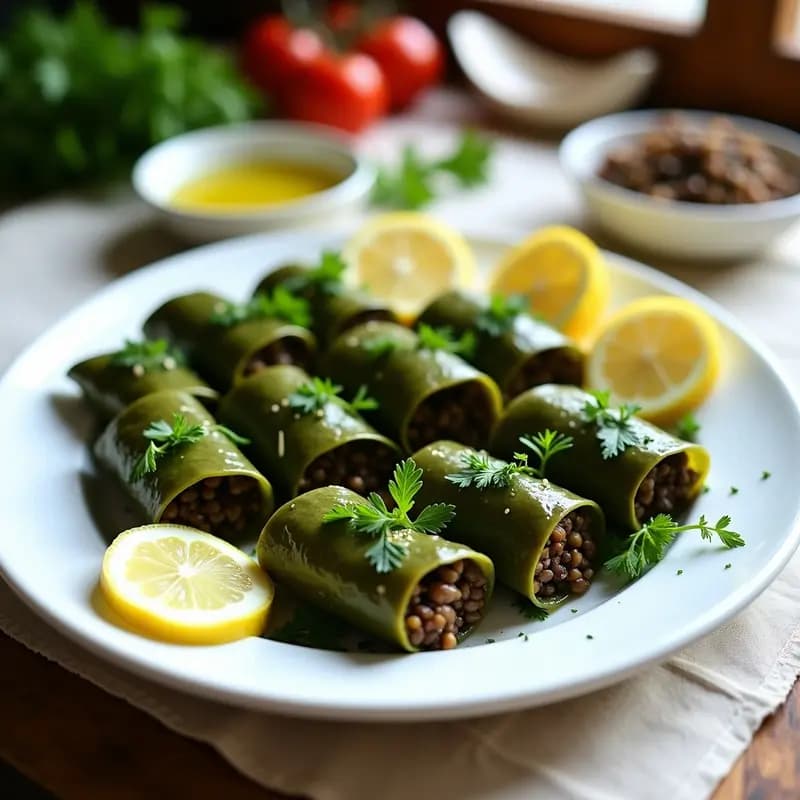 Plato blanco rústico con dolmades de hojas de orlea rellenos de lentejas y arroz silvestre, decorados con hierbas frescas y rodajas de limón, receta griega vegana sin gluten.