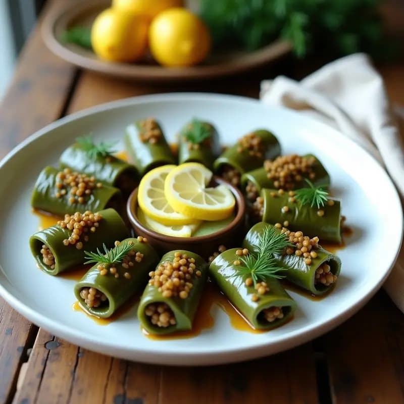 Plato blanco con dolmades de lentejas rojas y arroz basmati veganos, enrollados en hojas de parra, decorados con perejil fresco y rodajas de limón, servidos sobre un mantel de lino rústico.