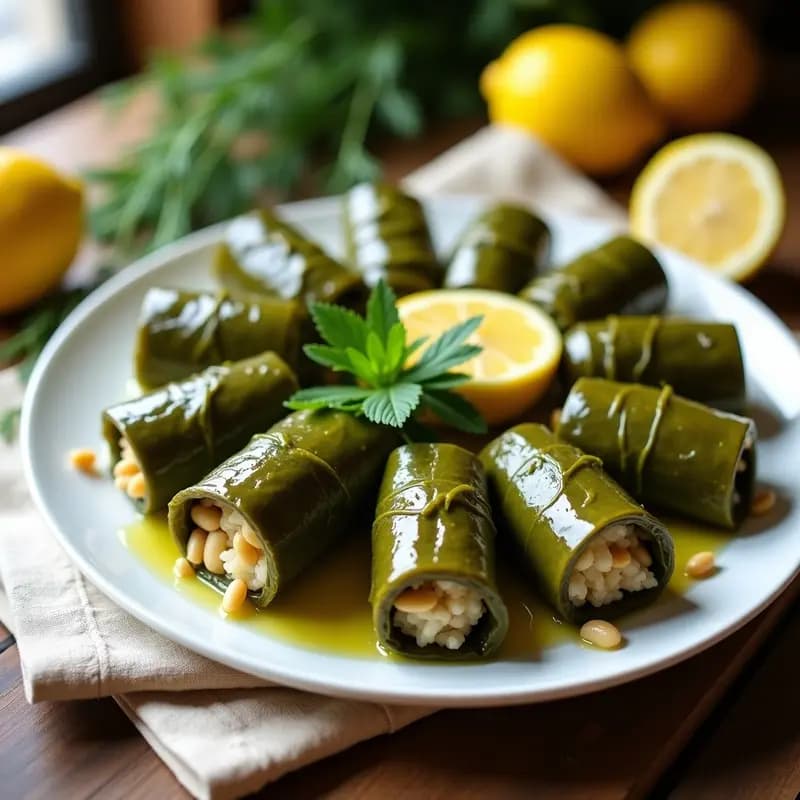 Plato blanco con dolmades de parra al vapor, rellenos de arroz y piñones, dispuestos en círculo y decorados con rodajas de limón y hierbas frescas.