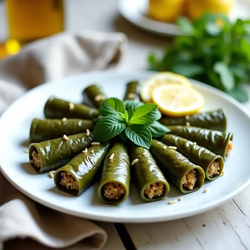 Plato blanco con dolmades griegos de hojas de parra rellenas de quinoa y hierbas frescas, decorados con rodajas de limón y hojas de menta, servidos a temperatura ambiente.