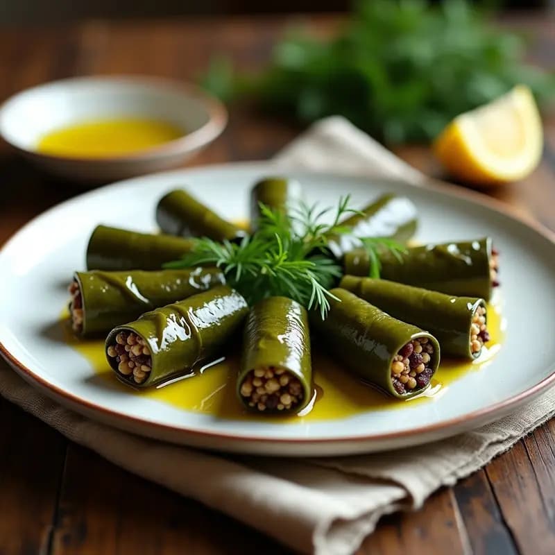 Plato blanco con dolmades griegos rellenos de quinoa y pasas, enrollados en hojas de parra, adornados con hierbas frescas y un chorrito de aceite de oliva, receta vegana y sin gluten en olla exprés.