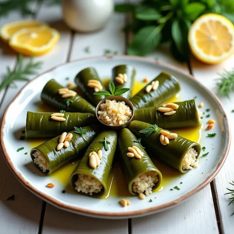 Plato blanco rústico con dolmades de hojas de uva rellenos de arroz basmati, piñones y hierbas, servidos con rodajas de limón y un hilo de aceite de oliva. Aperitivo griego vegano y fresco.