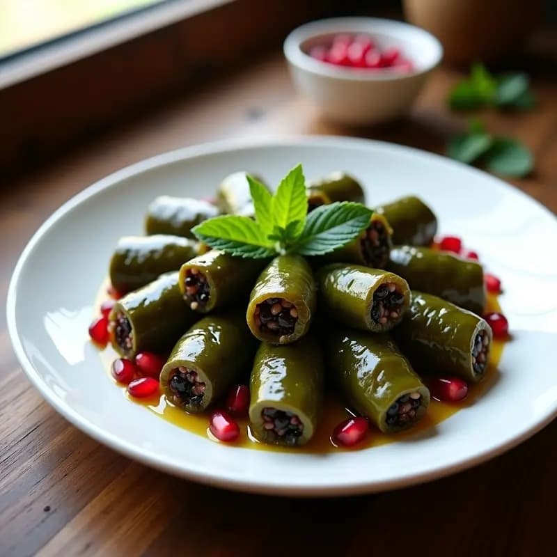 Plato blanco con dolmades de uva y arroz salvaje, hojas de parra rellenas alineadas con precisión, decoradas con tomates secos picados y semillas de granada, bajo una luz natural que resalta su brillo y textura.