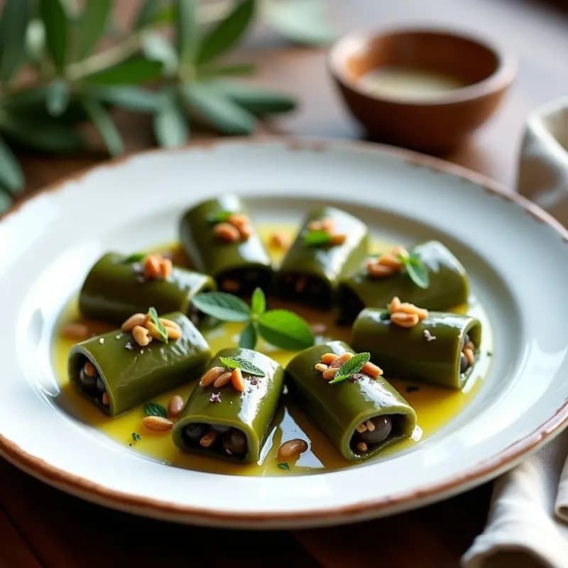 Plato blanco con dolmades de uva y piñones, rollitos de hojas de parra rellenos de queso feta, uvas pasas y piñones tostados, decorados con hinojo fresco y un hilo de miel de tomillo, sobre fondo rústico de madera.