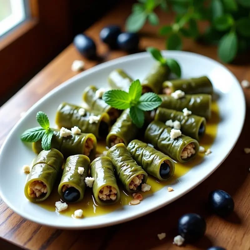 Plato blanco ovalado con dolmades de uva y queso feta griegos, rollitos de hojas de parra rellenos con mezcla de arroz, uvas negras y queso feta desmenuzado, decorados con menta fresca y piñones, servidos con un chorrito de aceite de oliva.