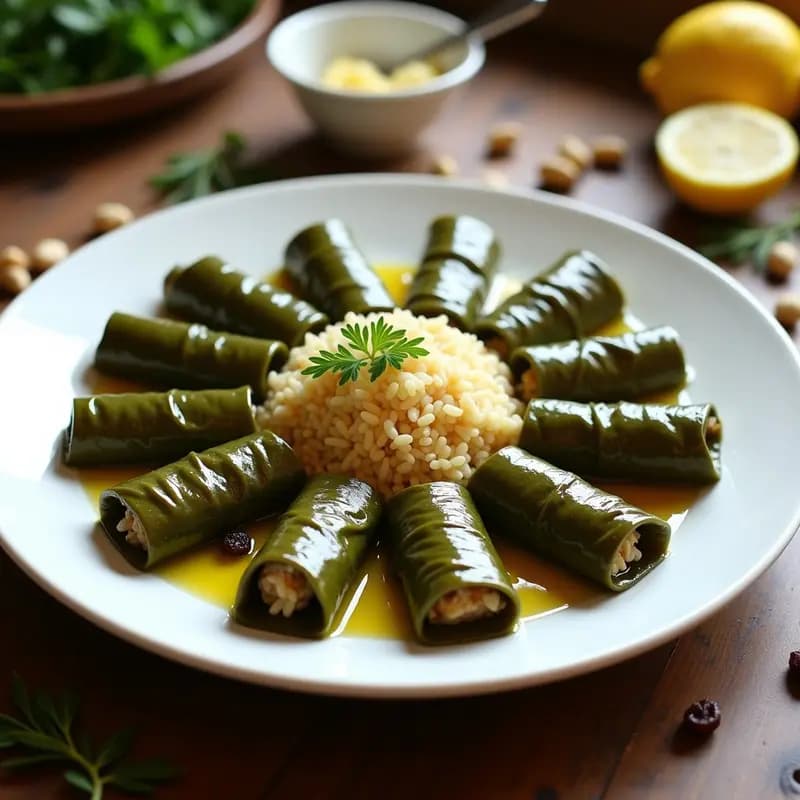 Plato blanco con dolmades de vinagre y arroz basmati enrollados en hojas de parra, decorados con piñones y rodajas de limón, receta griega tradicional en olla express.