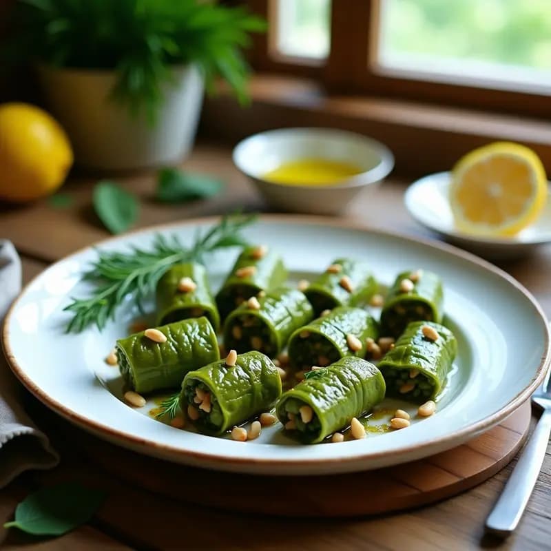 Dolmades de vinagreras con arroz basmati y piñones en conserva de limón, presentados en un plato de cerámica blanca con hojas verdes y rodajas de limón al fondo.