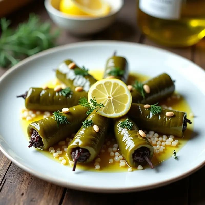 Plato blanco con dolmades de vinho y arroz con limón y eneldo, enrollados en hojas de parra, decorados con rodajas de limón y ramitas de eneldo fresco sobre un mantel de lino.