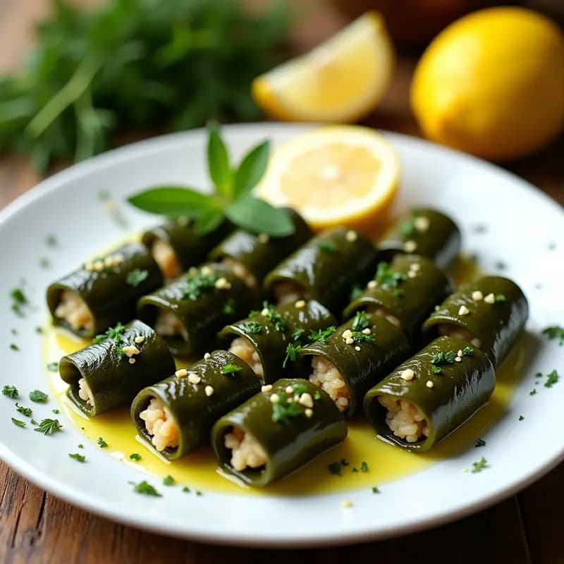 Plato de porcelana blanca con dolmades de vinho y arroz silvestre, enrollados en hojas de parra, decorados con hierbas frescas y rodajas de limón, servidos con un chorrito de aceite de oliva.