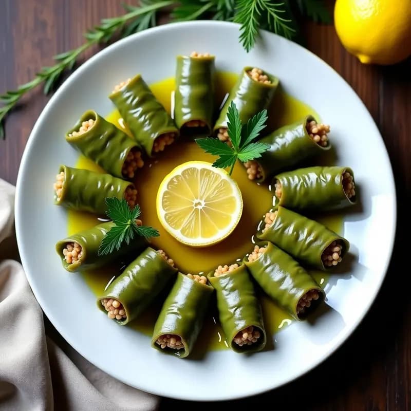 Plato blanco con dolmades de vinogroneras perfectamente enrollados, brillantes por el aceite de oliva, rodeados de hierbas frescas y rodajas de limón, con un fondo de madera rústica.