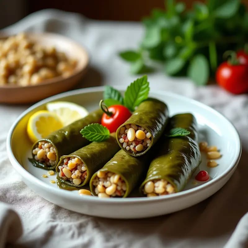 Plato blanco con dolmas armenios de hojas de parra rellenas de arroz especiado con comino y menta, servidos con tomates cherry y decorados con limón y aceite de oliva, aperitivo tradicional al vapor.