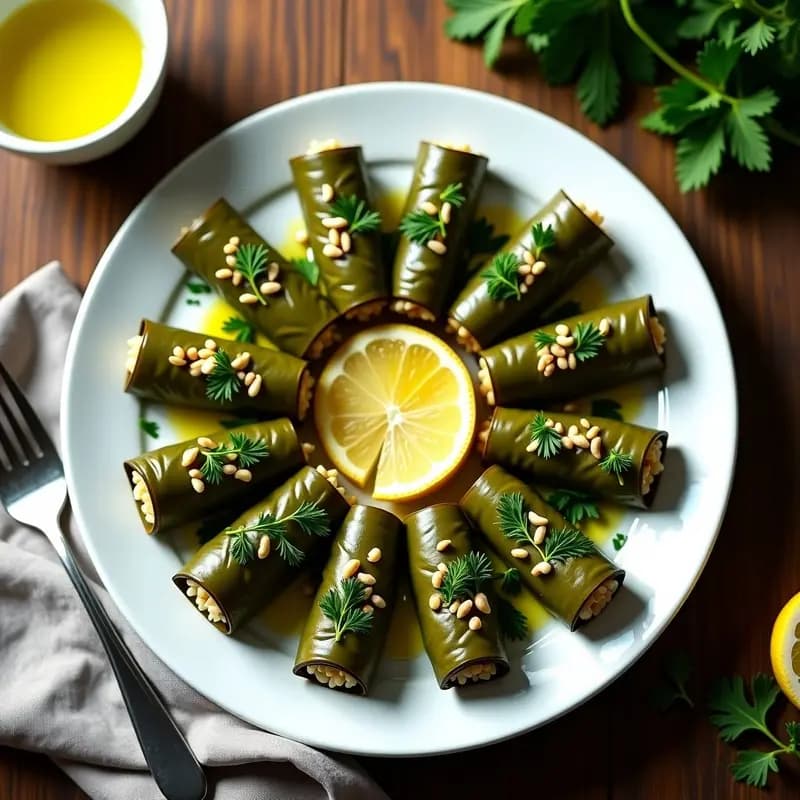 Plato blanco con dolmas de arroz y hierbas griegas, enrollados en hojas de parra, decorados con rodajas de limón y perejil fresco, servidos con un hilo de aceite de oliva virgen extra.