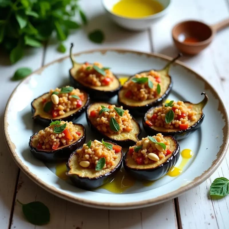 Plato blanco rústico con seis mitades de berenjena asada rellenas de arroz integral, tomate seco y piñones, decorado con perejil fresco y un hilo de aceite de oliva. Dolmas de berenjena rellenos de arroz y tomate seco, receta griega sin gluten.