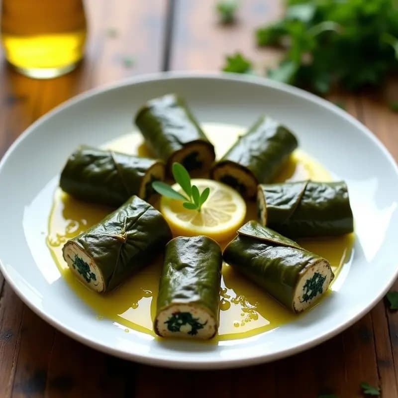 Plato blanco con dolmas de espinacas y arroz silvestre keto vegano, enrollados en hojas de parra, servidos con rodajas de limón y un hilo de aceite de oliva, sobre fondo rústico de madera.