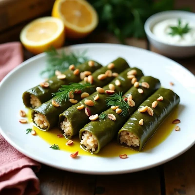 Plato blanco con dolmas de hoja de parra rellenos de arroz basmati y piñones, dispuestos en círculo con un hilo de aceite de oliva y rodajas de limón como decoración, receta griega sin lactosa.