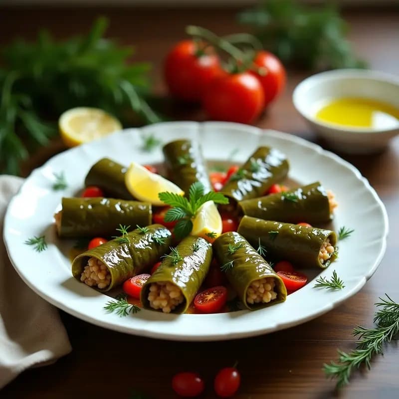 Plato blanco con dolmas de hojas de parra rellenos de arroz integral y tomates secos, decorados con hierbas frescas y rodajas de limón, receta griega sin gluten.