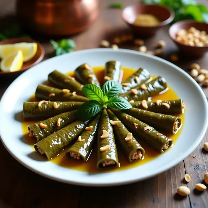 Plato de porcelana blanca con dolmas de hojas de parra rellenos de arroz y piñones en escabeche, bañados en líquido dorado con especias. Acompañados de rodajas de limón y hojas de menta fresca para decorar. Receta armenia vegana y sin gluten.