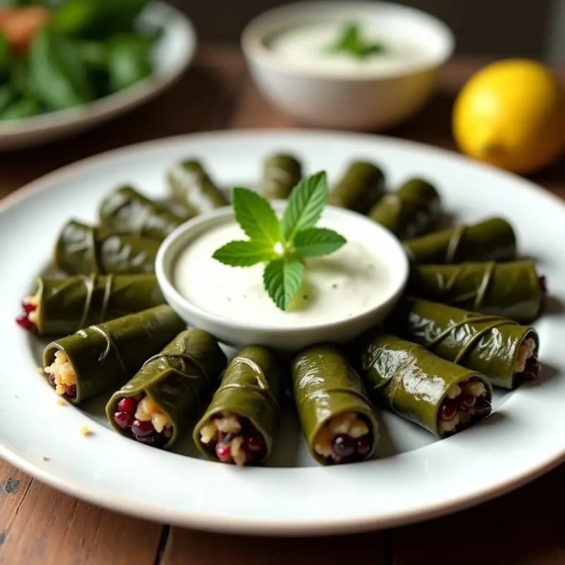 Plato blanco con dolmas de hojas de parra rellenos de arroz salvaje y arándanos, servidos con una salsa de yogur y menta, receta griega moderna vegana.