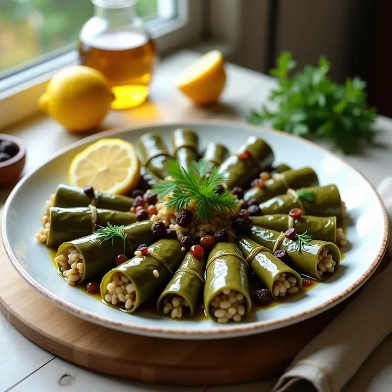 Plato blanco con dolmas de hojas de parra rellenos de arroz salvaje y pasas, acompañados de hierbas frescas y rodajas de limón, receta griega vegana.