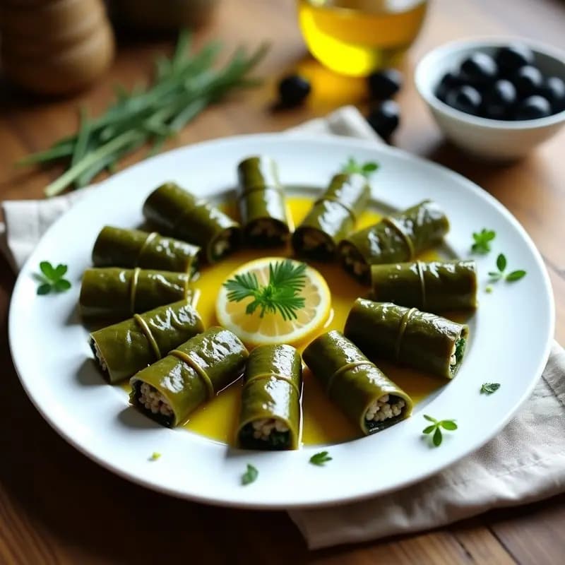 Plato de porcelana blanca con dolmas de hojas de parra con arroz y hierbas griegas, enrollados con precisión y dispuestos en círculo, acompañados de rodajas de limón y aceitunas negras, sobre fondo rústico de madera.