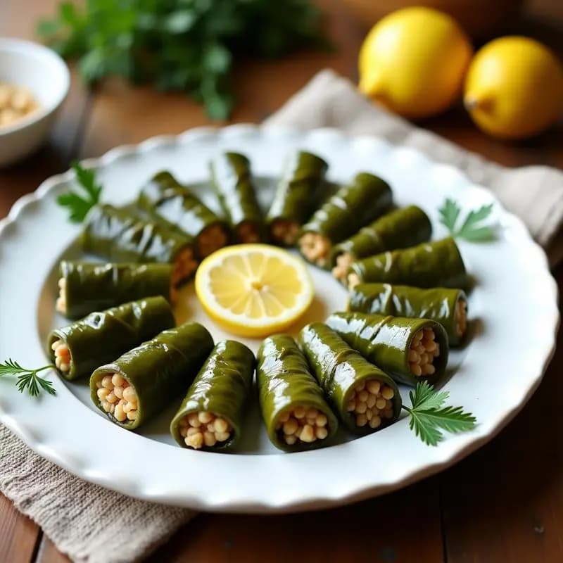Plato blanco ovalado con Dolmas de Hojas de Parra Rellenas de Quinoa y Piñones, aperitivo griego vegano, decorados con rodajas de limón y hojas de menta fresca.