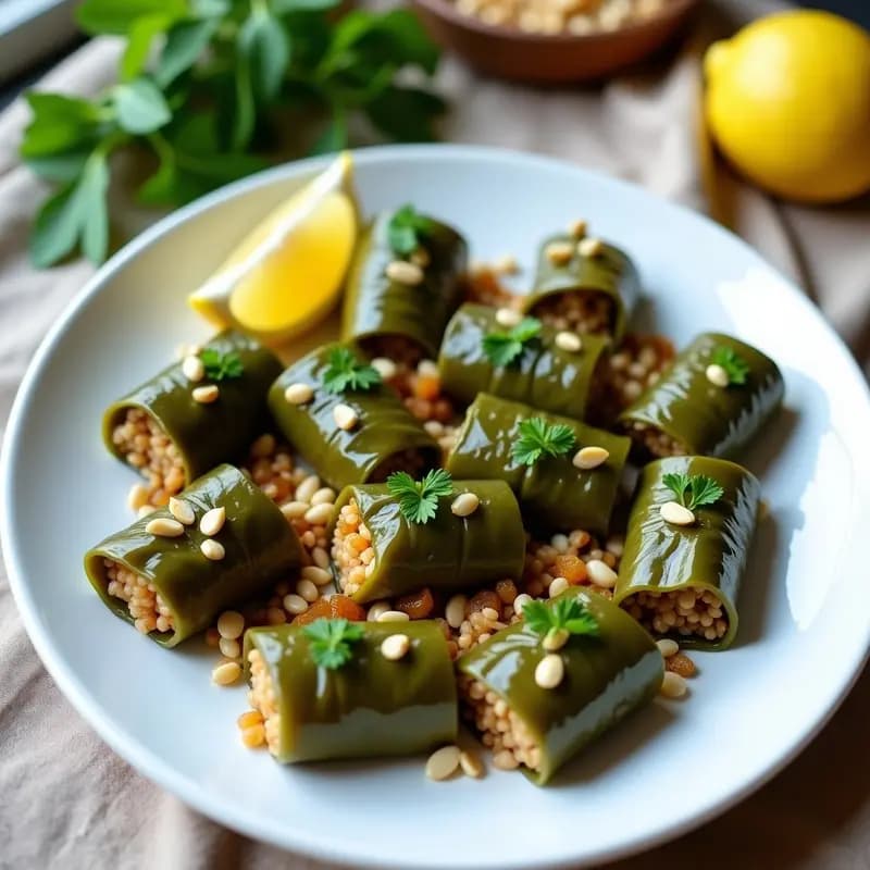 Plato blanco con dolmas de uva rellenos de arroz basmati y piñones, servidos sobre hojas de vid frescas, con un hilo de aceite de oliva y menta fresca como decoración. Receta griega tradicional al vapor.