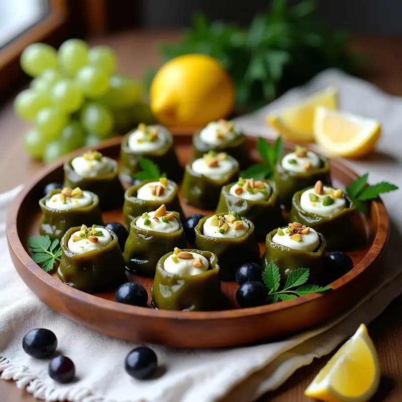 Bandeja de madera con dolmas de uvas y queso de almendras veganos, enrollados en hojas de parra, decorados con pistachos picados y un hilo de aceite de oliva, sobre fondo rústico con hierbas frescas.