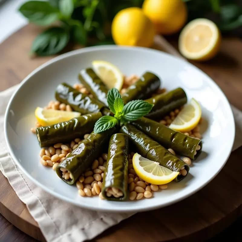 Plato ovalado de cerámica blanca con dolmas de viña rellenos de arroz salvaje y piñones, decorados con eneldo fresco y rodajas de limón, sobre un fondo rústico de madera con aceitunas y hierbas aromáticas.
