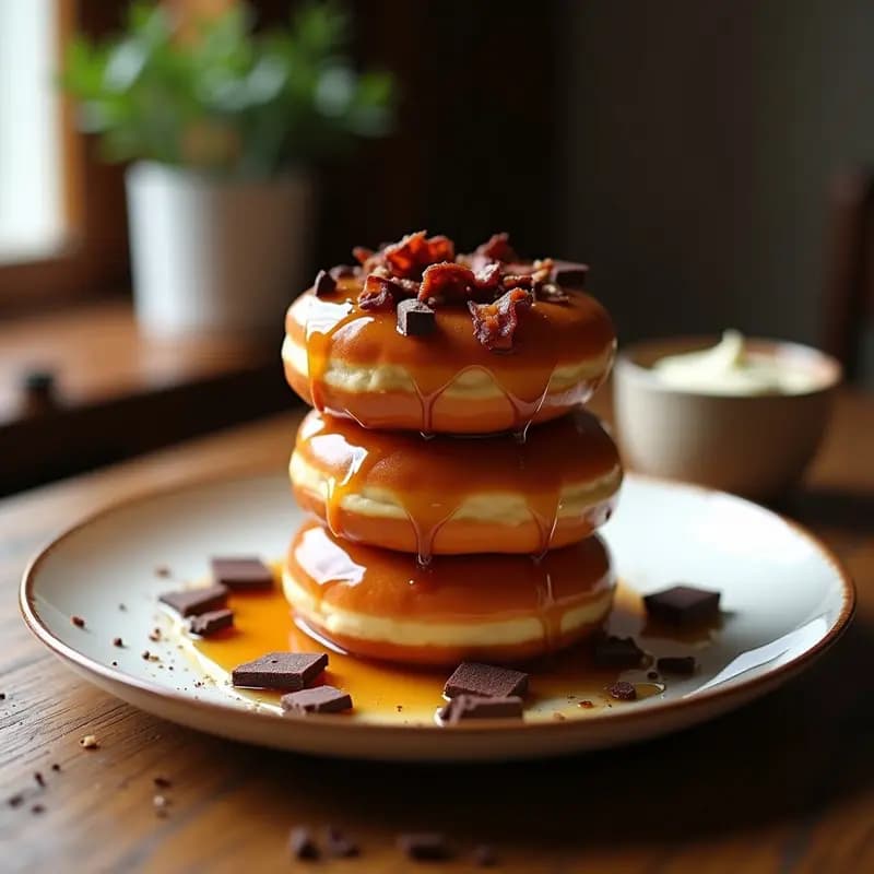 Plato con donas doradas glaseadas con jarabe de arce brillante, decoradas con virutas de chocolate negro y trozos de bacon crujiente, sobre fondo rústico de madera.