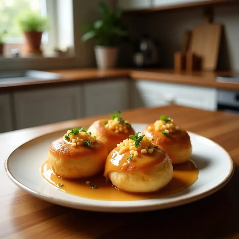 Donas doradas y esponjosas rellenas de foie gras cremoso y cubiertas con caramelo salado brillante, servidas en bandeja de madera rústica.