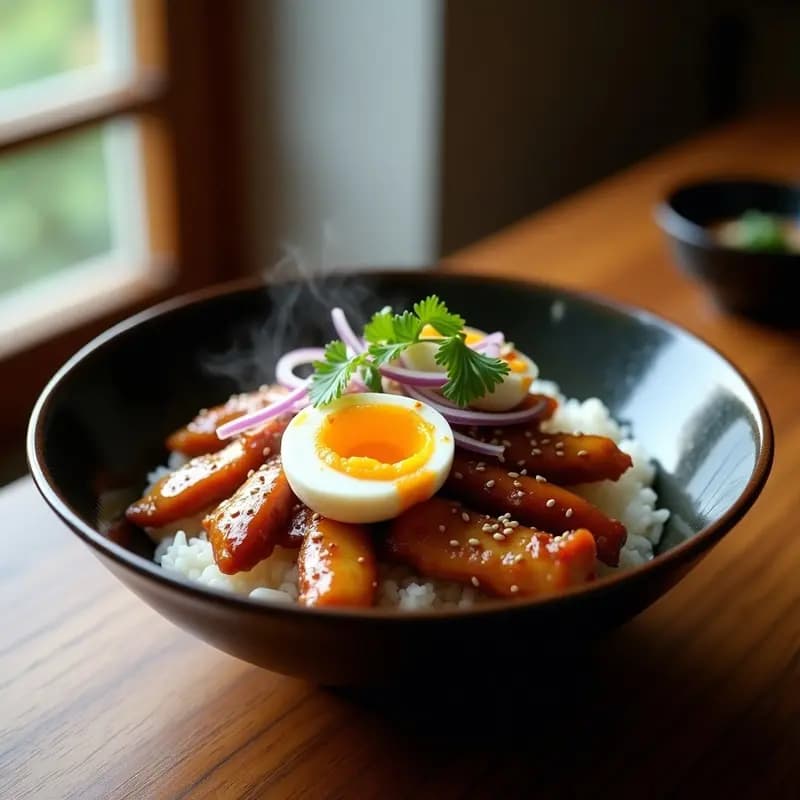 Bol de donburi japonés con arroz blanco, pollo teriyaki glaseado en tiras, huevo escabechado cortado por la mitad mostrando yema cremosa, cebolla morada salteada, semillas de sésamo y tiras de alga nori, servido en un bol hondo de cerámica oscura sobre fondo de madera.