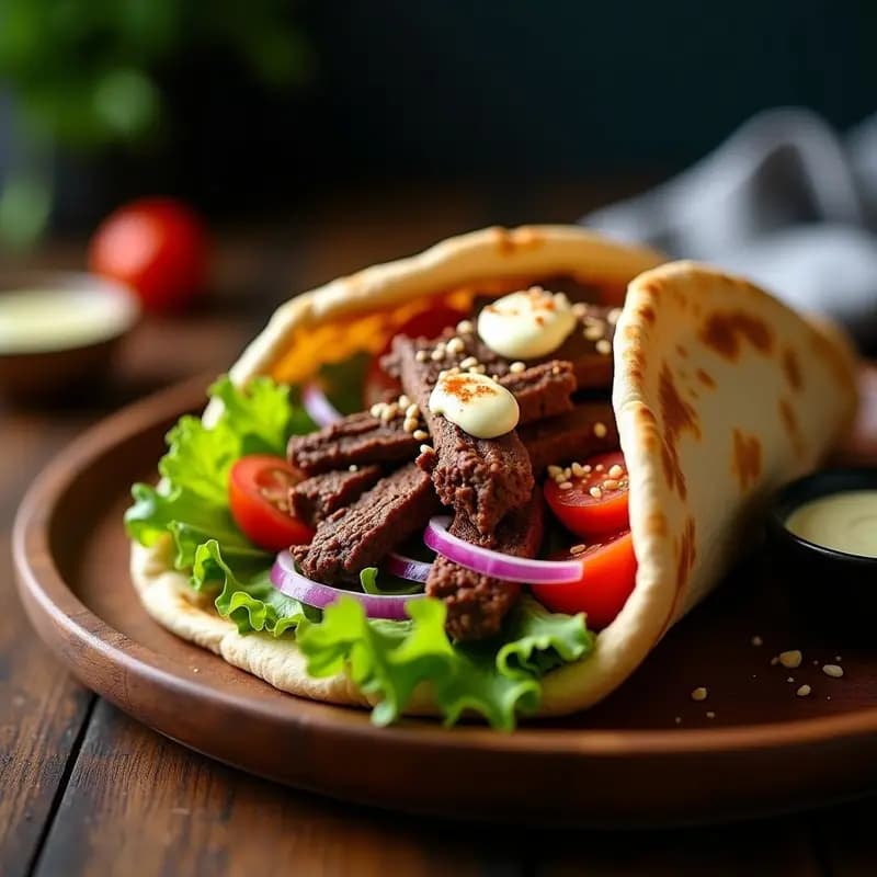 Döner Kebab de cordero con salsa de ajo servido en pan pita abierto, relleno de carne asada, lechuga, tomate, cebolla morada y pimiento rojo, con un chorrito de salsa cremosa de ajo y perejil fresco espolvoreado.