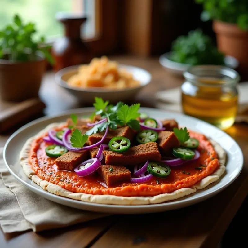 Däner Kebap vegano con seitán en pan de pita integral, relleno de seitán dorado, cebolla morada, tomate, lechuga y salsa de yogur vegano con semillas de sésamo, servido en un plato de madera rústico.