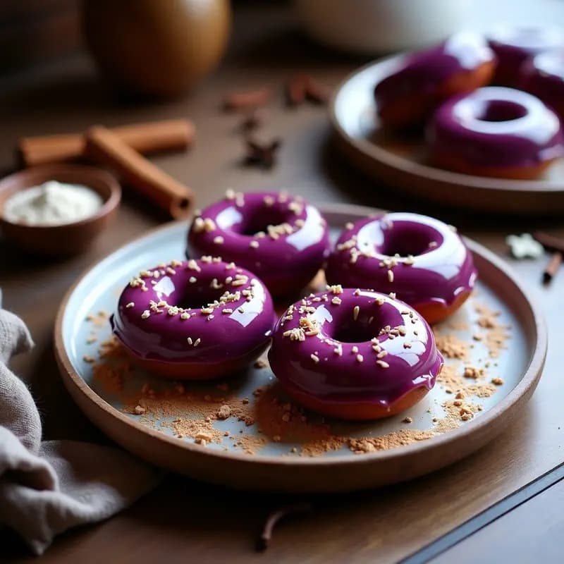 Donuts de batata morada con glaseado brillante de tanini y coco rallado, dispuestos en una bandeja de madera rústica con especias peruanas al fondo, postre peruano en airfryer.