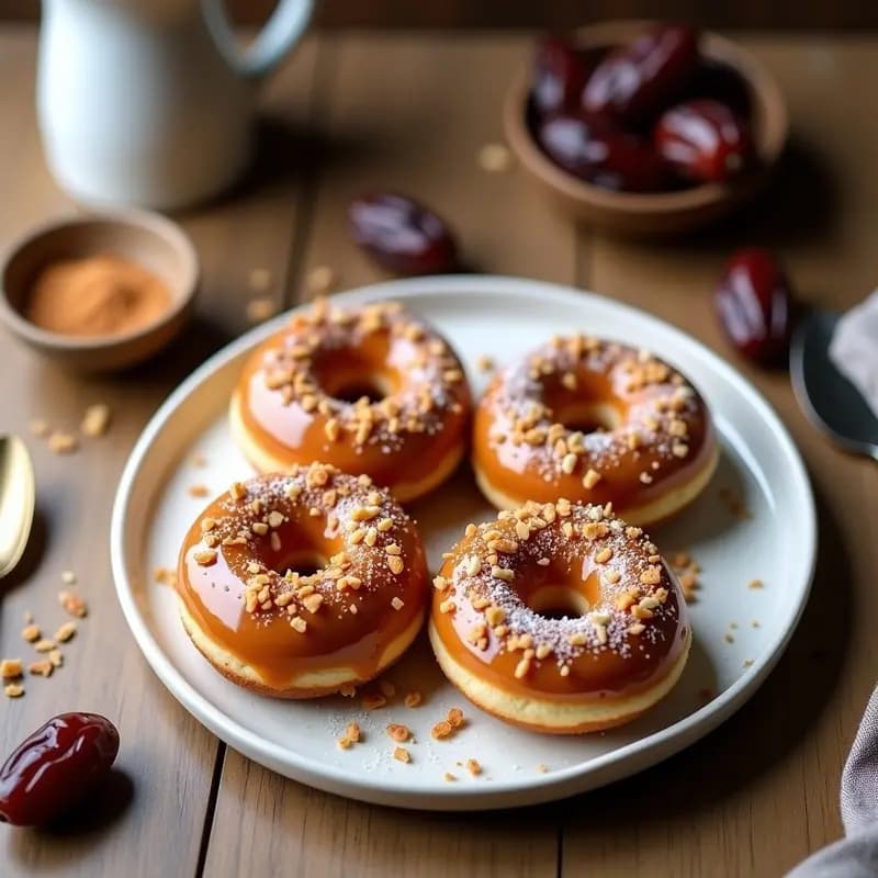 Donuts de quinoa y canela con glaseado brillante de dátiles, espolvoreados con coco rallado y canela, sobre un plato blanco con fondo de madera. Receta sin horno, saludable y alta en proteína.