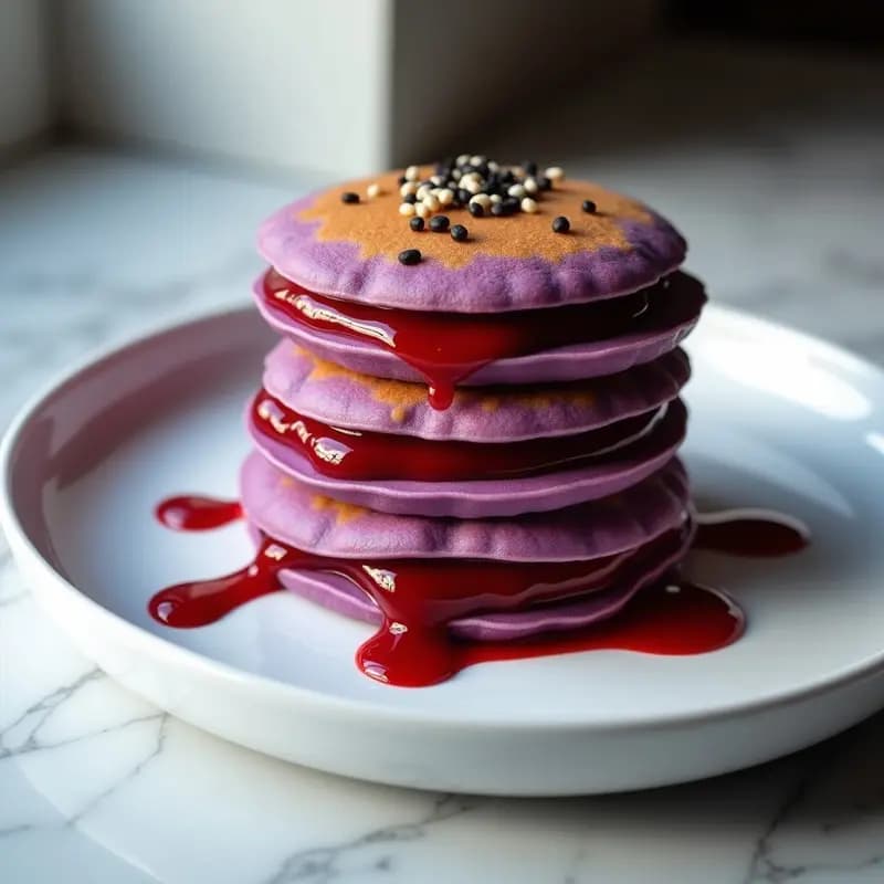 Dorayaki de batata morada apilados en un plato blanco, con capas visibles de crema de judías rojas oscura entre los panqueques esponjosos y morados. Decorados con semillas de sésamo negro y un fondo minimalista.